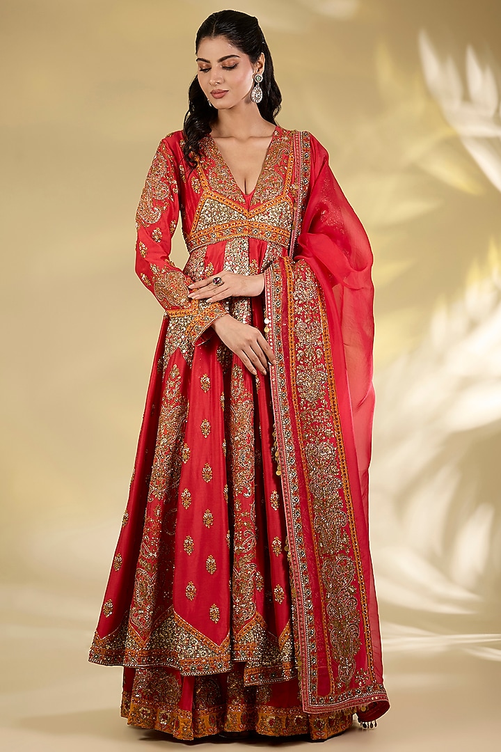 Red Silk Hand & Machine Embroidered Bridal Anarkali Set by Debyani at Pernia's Pop Up Shop