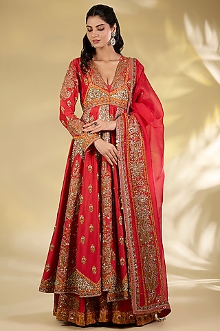 Red Silk Hand & Machine Embroidered Anarkali Set by Debyani