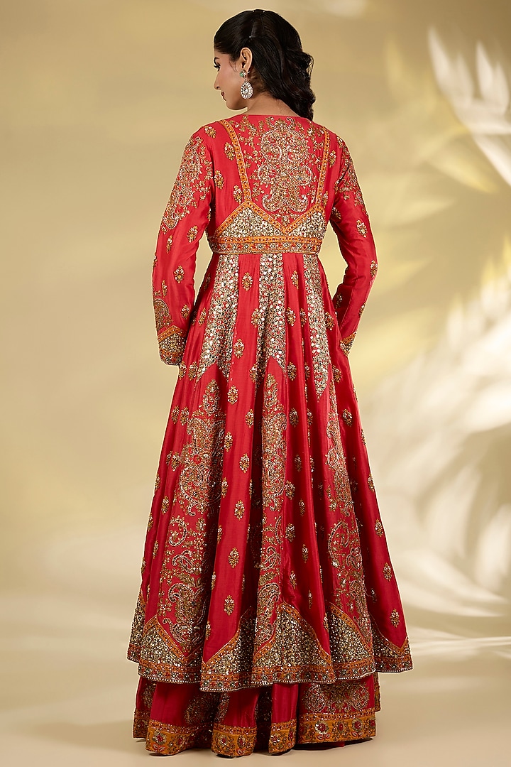 Red Silk Hand & Machine Embroidered Bridal Anarkali Set by Debyani at Pernia's Pop Up Shop