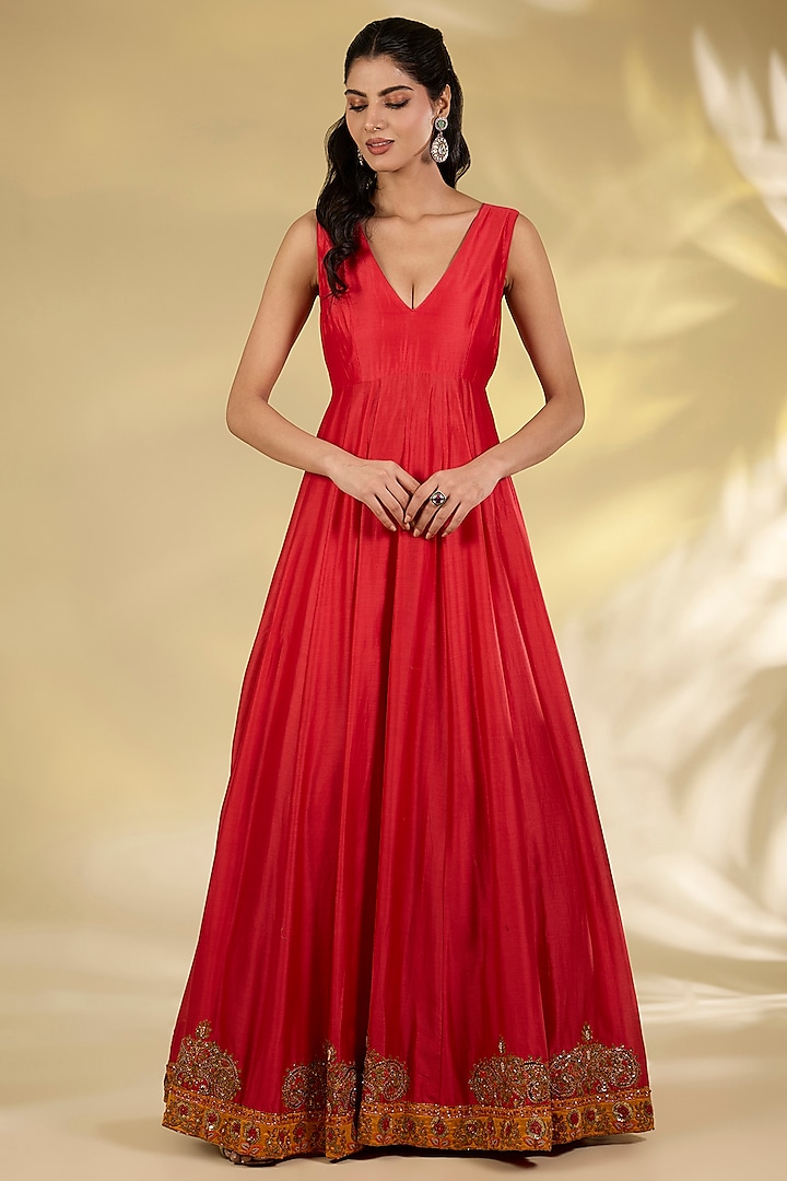 Red Silk Hand & Machine Embroidered Bridal Anarkali Set by Debyani at Pernia's Pop Up Shop