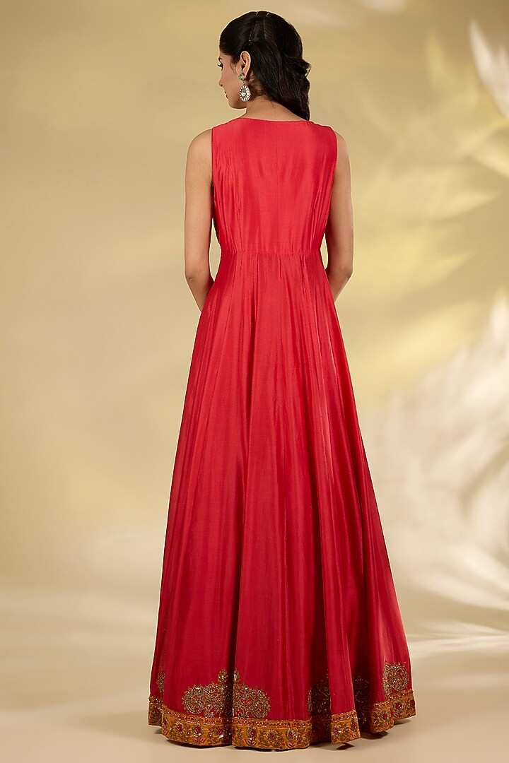 Red Silk Hand & Machine Embroidered Bridal Anarkali Set by Debyani at Pernia's Pop Up Shop