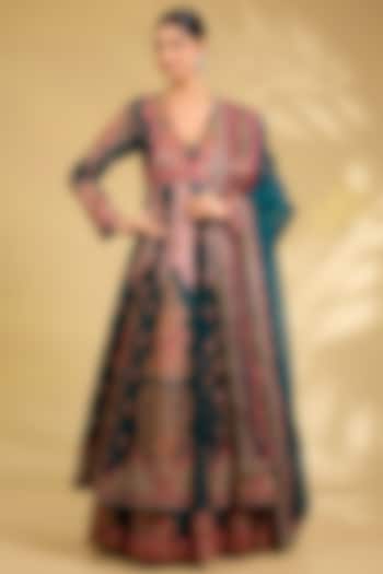 Navy Blue Silk Hand Embroidered Layered Bridal Anarkali Set by Debyani at Pernia's Pop Up Shop