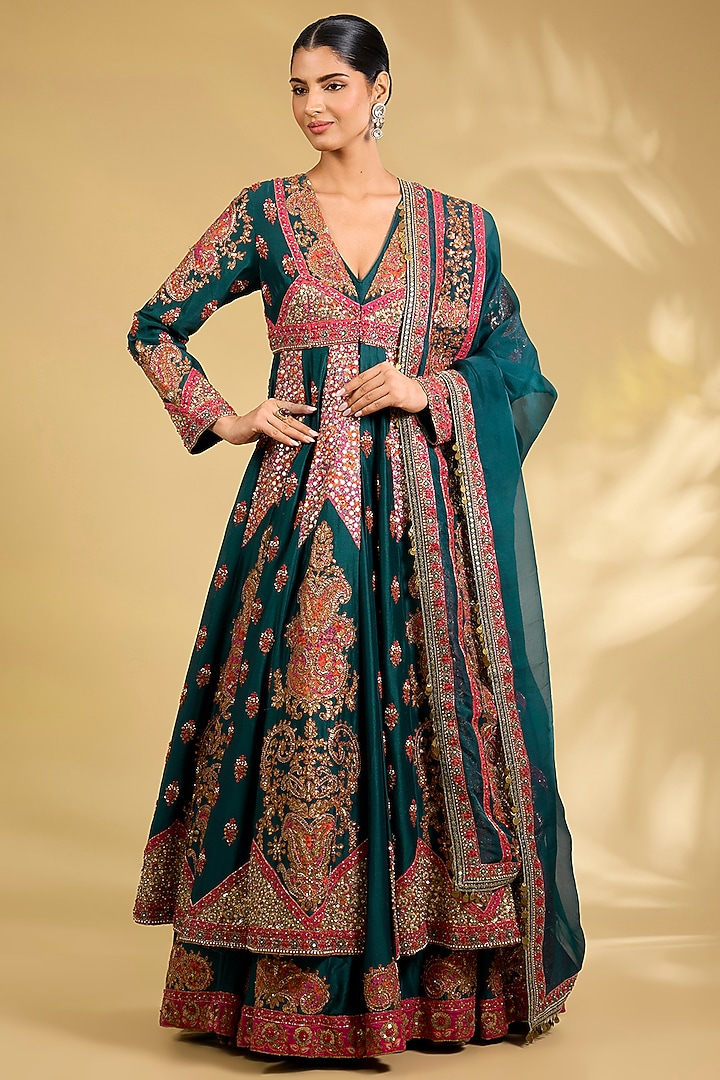 Navy Blue Silk Hand Embroidered Layered Bridal Anarkali Set by Debyani at Pernia's Pop Up Shop