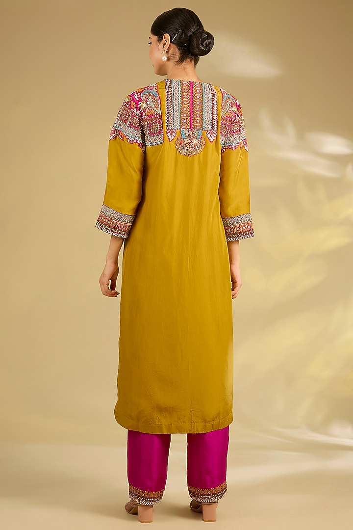 Mustard Silk Hand & Machine Embroidered Kurta Set by Debyani at Pernia's Pop Up Shop