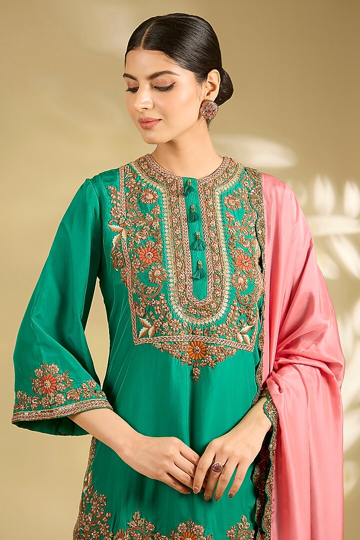 Green Silk Hand & Machine Embroidered Kurta Set by Debyani at Pernia's Pop Up Shop