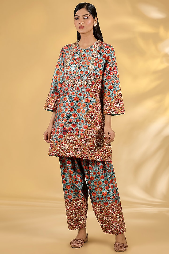 Blue Silk Hand & Machine Embroidered Short Kurta Set by Debyani at Pernia's Pop Up Shop