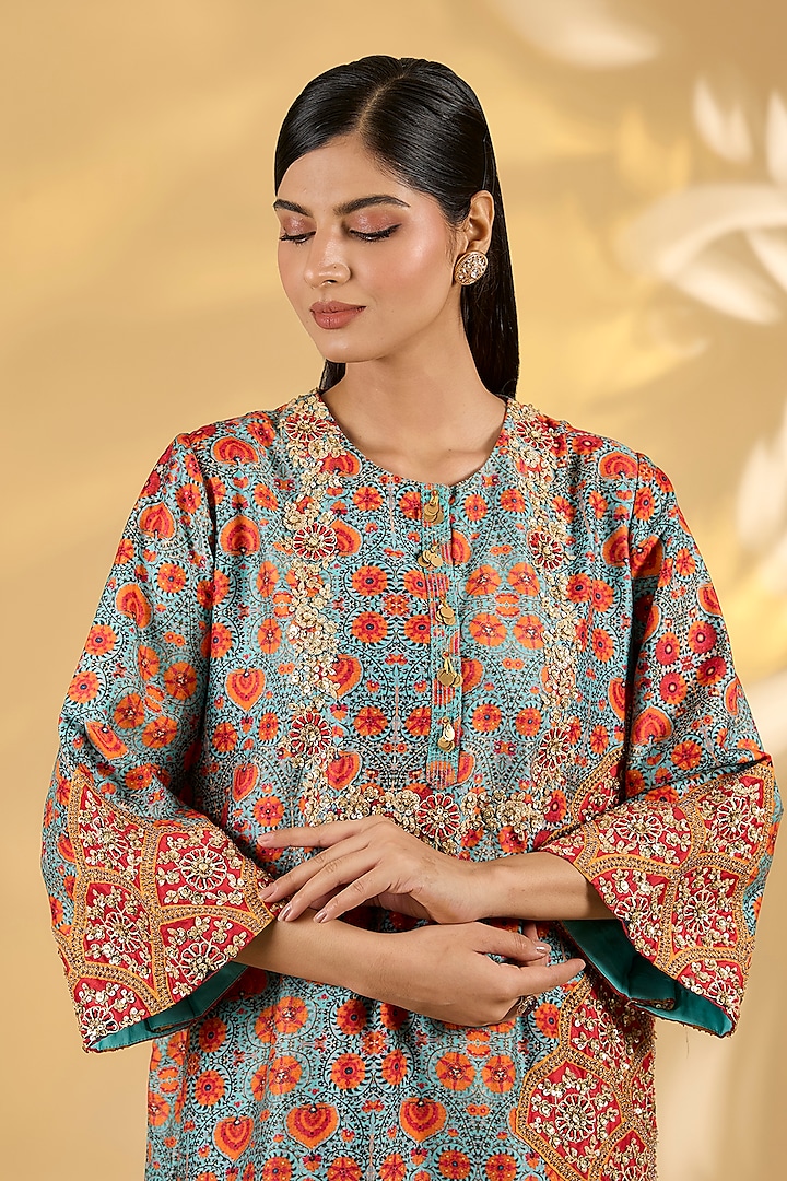 Blue Silk Hand & Machine Embroidered Short Kurta Set by Debyani at Pernia's Pop Up Shop