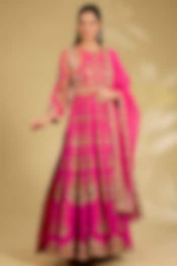 Pink Silk Organza Embroidered Bridal Anarkali Set by Debyani at Pernia's Pop Up Shop