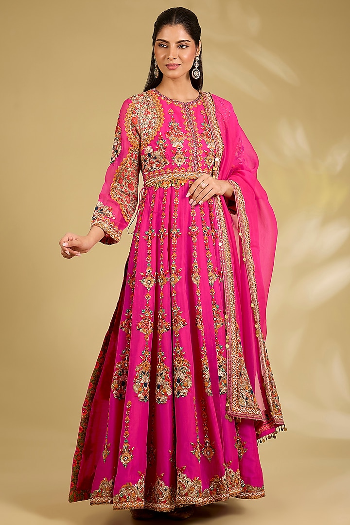 Pink Silk Organza Embroidered Bridal Anarkali Set by Debyani at Pernia's Pop Up Shop