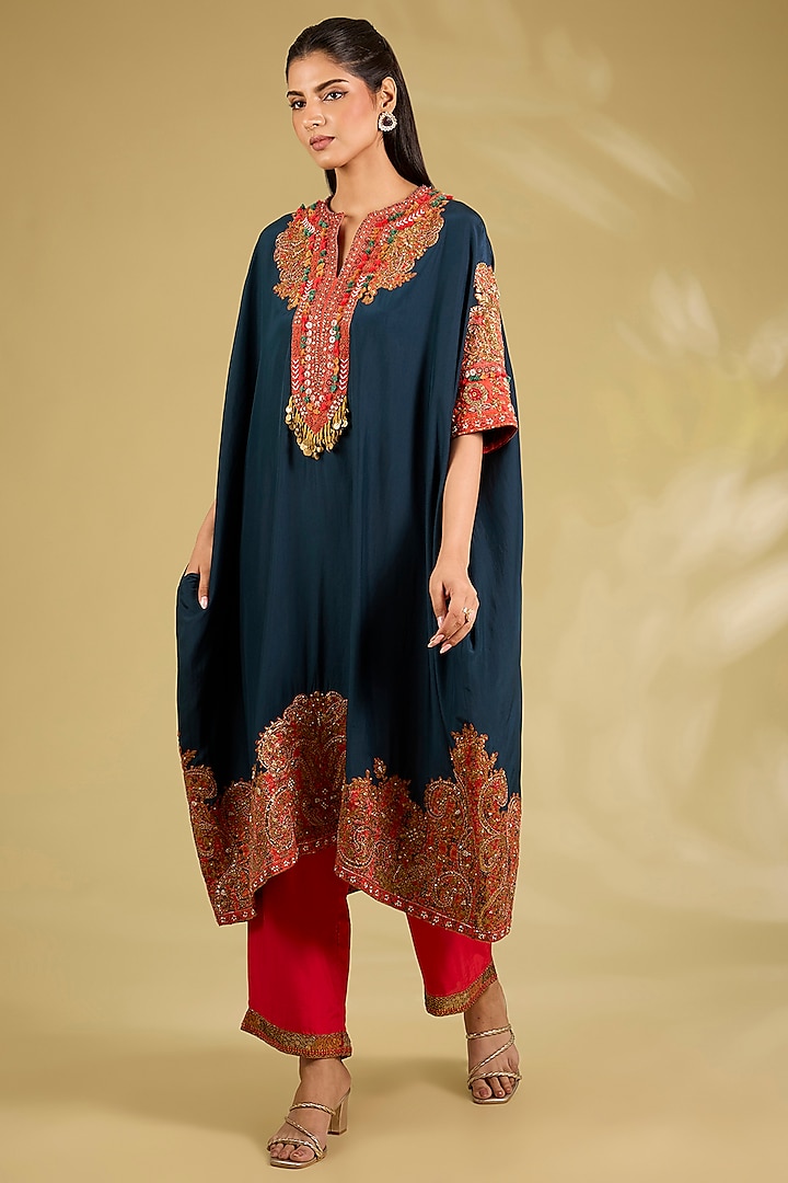 Blue Silk Embroidered Kaftan Set by Debyani at Pernia's Pop Up Shop