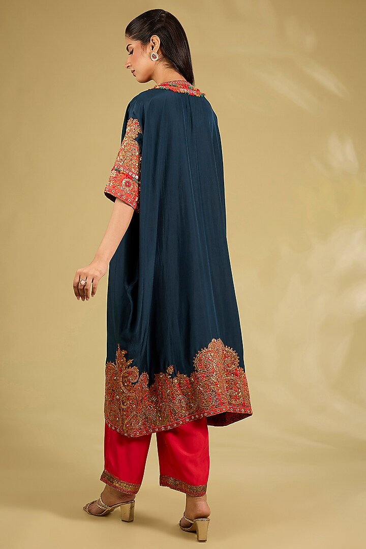 Blue Silk Embroidered Kaftan Set by Debyani at Pernia's Pop Up Shop