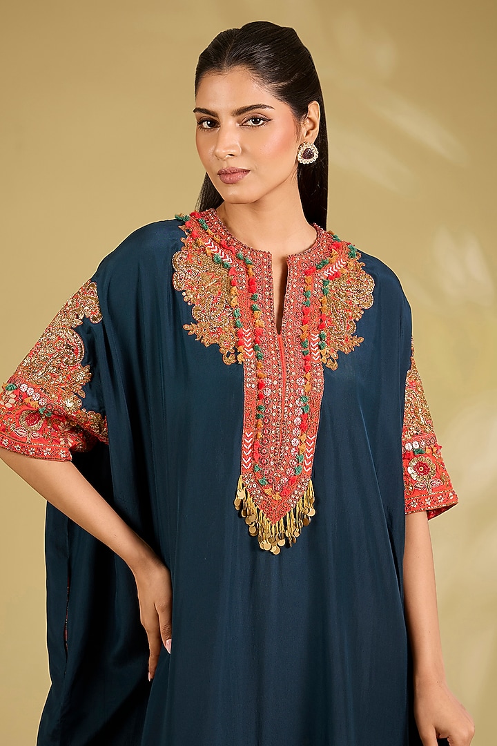 Blue Silk Embroidered Kaftan Set by Debyani at Pernia's Pop Up Shop