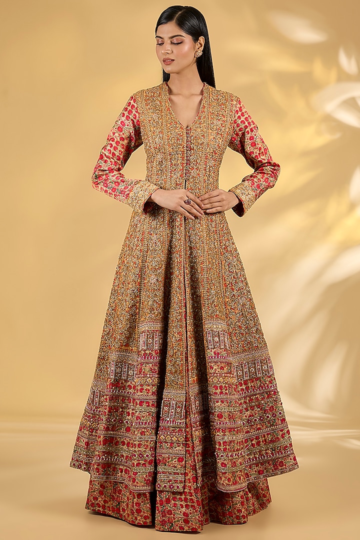 Red Silk Hand & Machine Embroidered Kalidar Jacket Set by Debyani at Pernia's Pop Up Shop