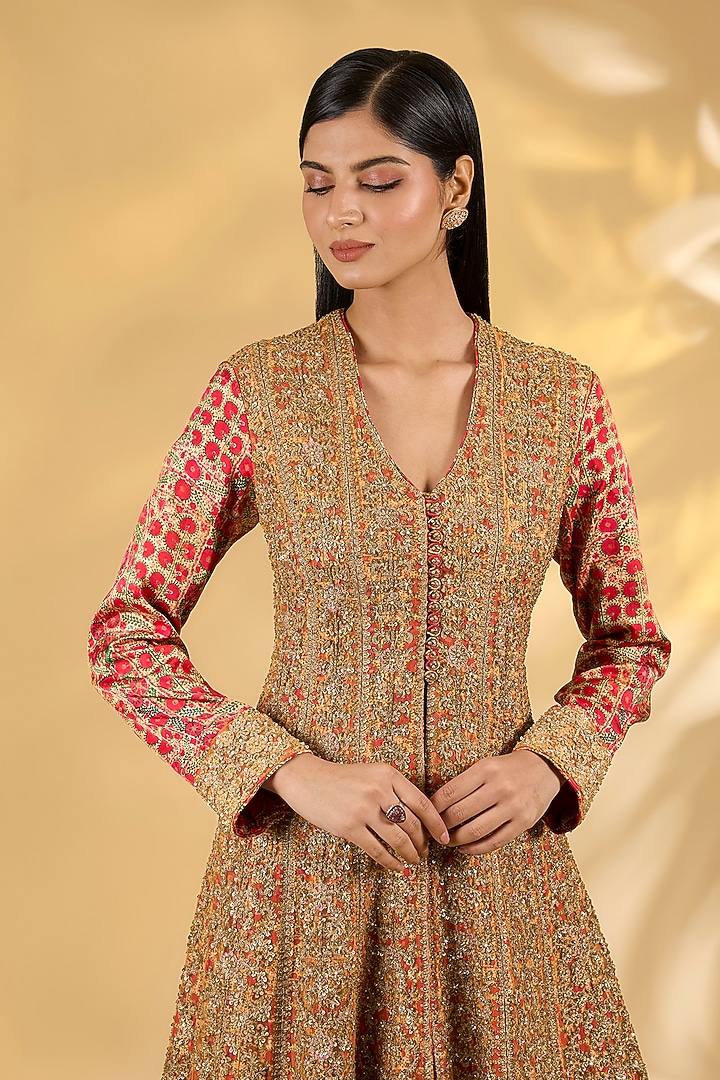 Red Silk Hand & Machine Embroidered Kalidar Jacket Set by Debyani at Pernia's Pop Up Shop