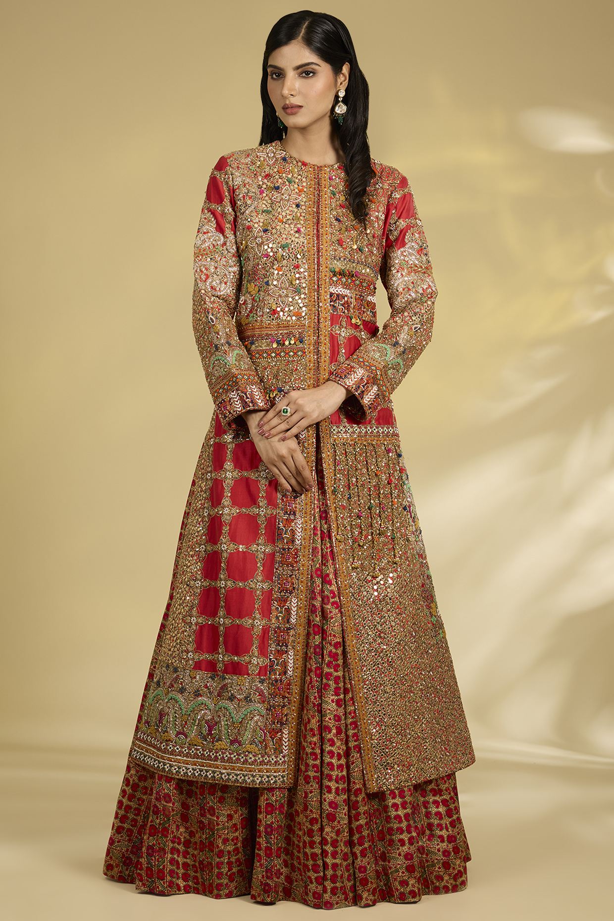 Red Silk Hand & Machine Embroidered Jacket Set by Debyani at Pernia's Pop Up Shop