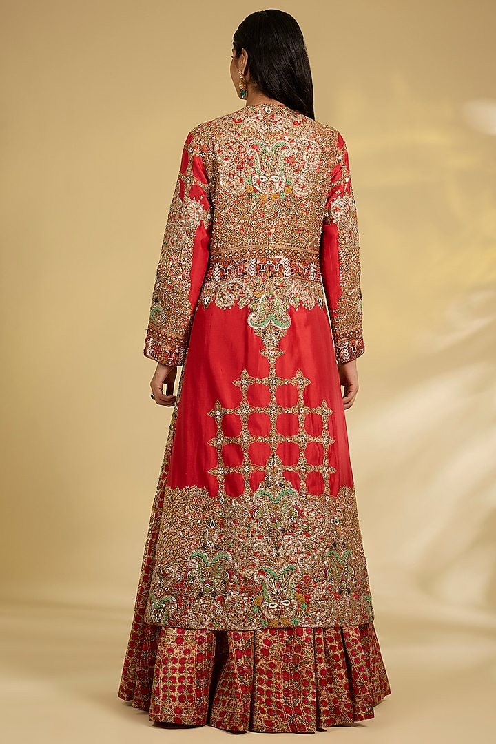 Red Silk Hand & Machine Embroidered Jacket Set by Debyani at Pernia's Pop Up Shop