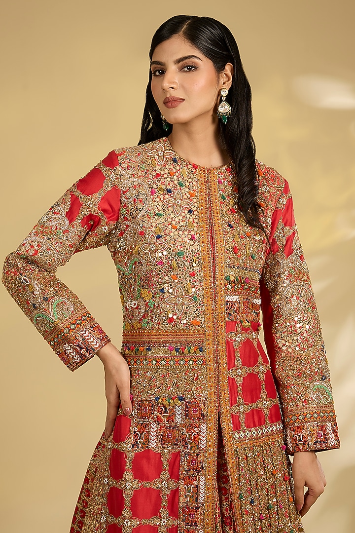 Red Silk Hand & Machine Embroidered Jacket Set by Debyani at Pernia's Pop Up Shop
