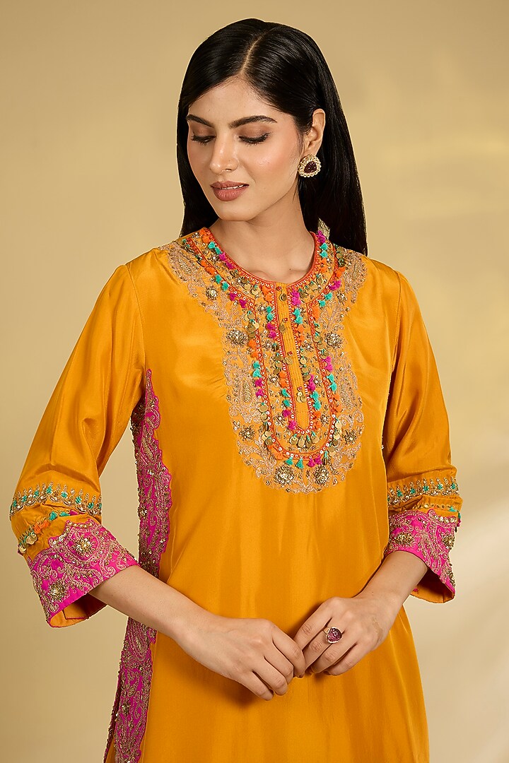 Burnt Orange Silk Hand & Machine Embroidered Kurta Set by Debyani at Pernia's Pop Up Shop