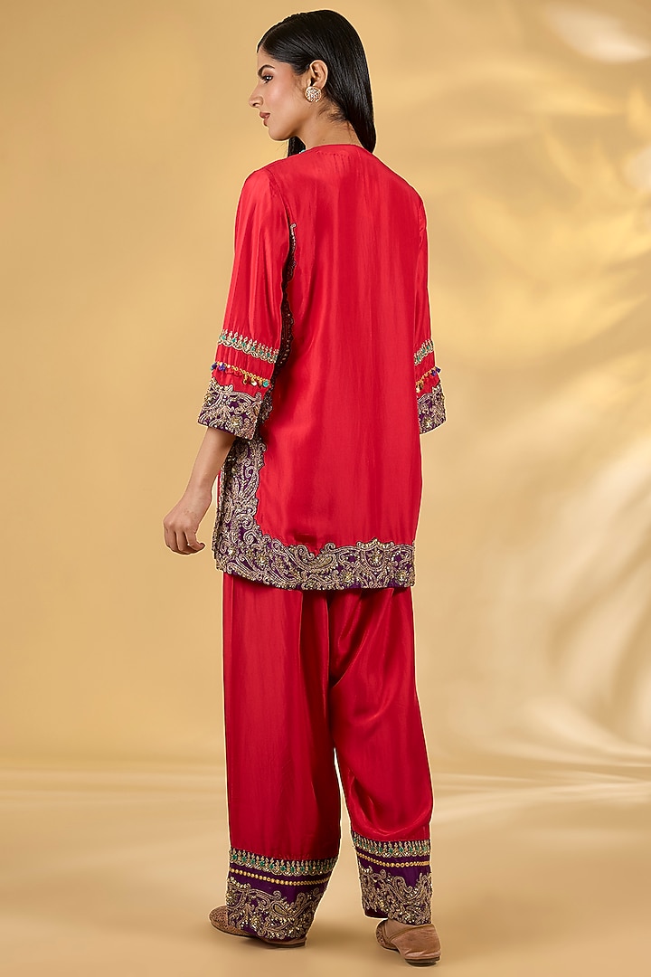 Red Silk Hand & Machine Embroidered Kurta Set by Debyani at Pernia's Pop Up Shop