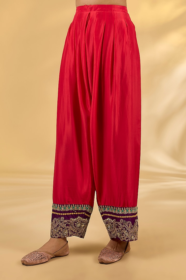 Red Silk Hand & Machine Embroidered Kurta Set by Debyani at Pernia's Pop Up Shop