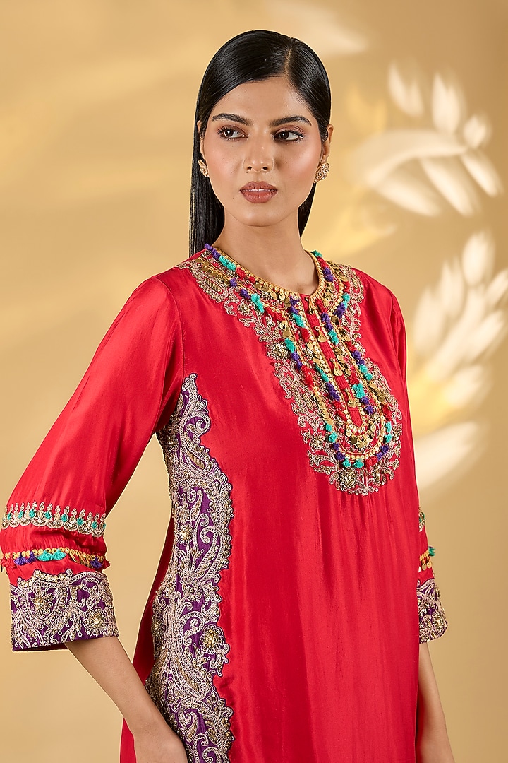 Red Silk Hand & Machine Embroidered Kurta Set by Debyani at Pernia's Pop Up Shop
