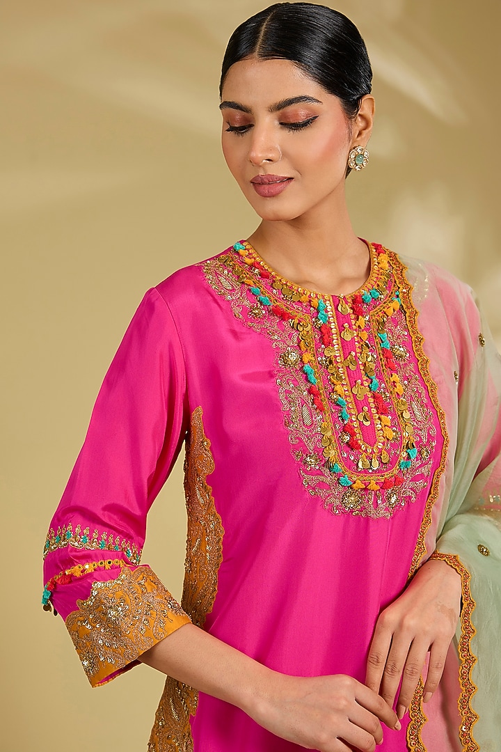 Pink Silk Hand & Machine Embroidered Kurta Set by Debyani at Pernia's Pop Up Shop