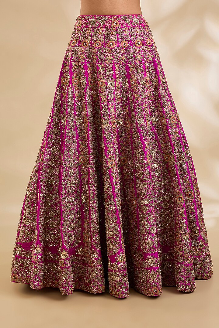 Rani Pink Raw Silk Hand & Machine Embroidered Bridal Lehenga Set by Debyani at Pernia's Pop Up Shop