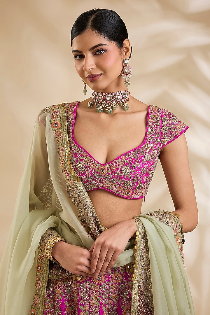 Rani Pink Raw Silk Hand & Machine Embroidered Bridal Lehenga Set by Debyani at Pernia's Pop Up Shop