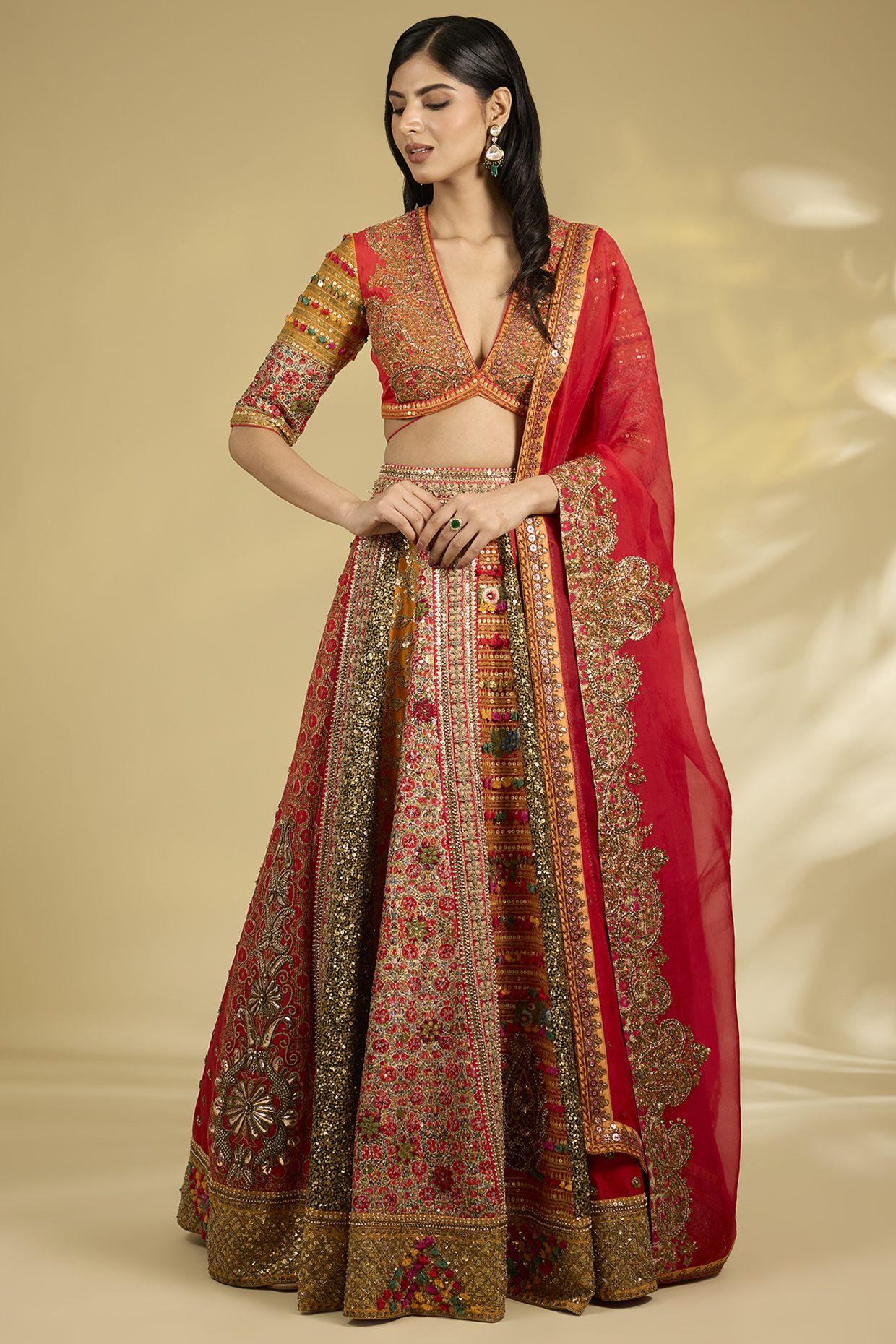 Red Silk Hand & Machine Embroidered Bridal Lehenga Set by Debyani at Pernia's Pop Up Shop