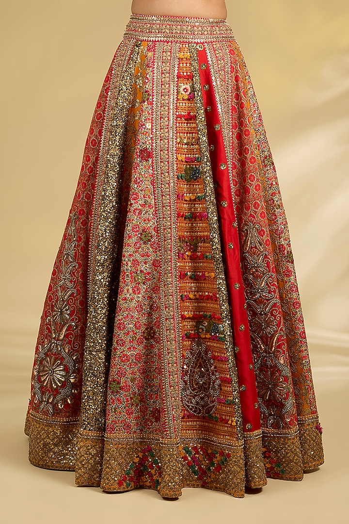Red Silk Hand & Machine Embroidered Bridal Lehenga Set by Debyani at Pernia's Pop Up Shop