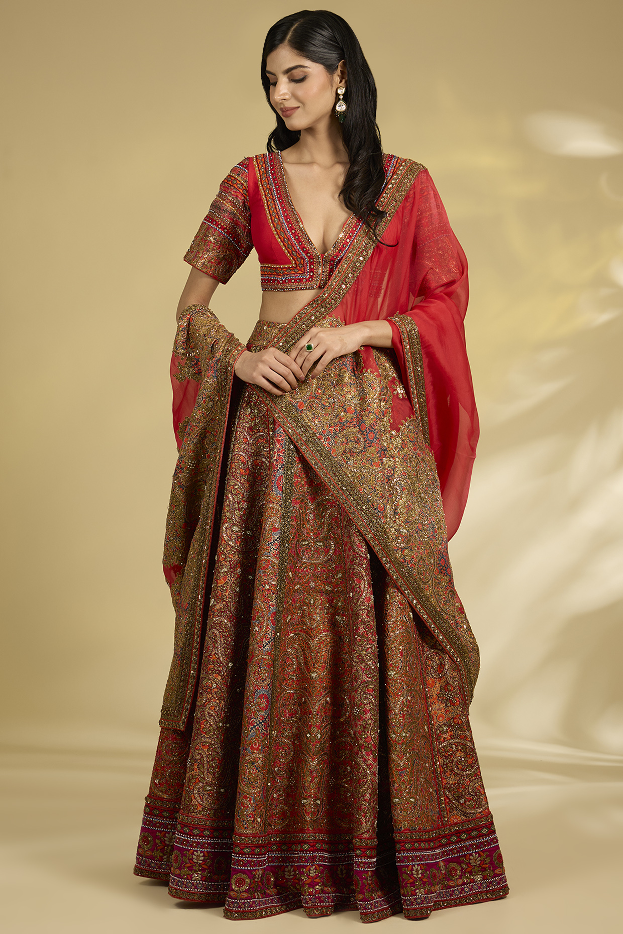 Multi-Colored Silk Hand & Machine Embroidered Bridal Lehenga Set by Debyani at Pernia's Pop Up Shop