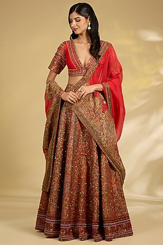 Multi-Colored Silk Hand & Machine Embroidered Lehenga Set by Debyani