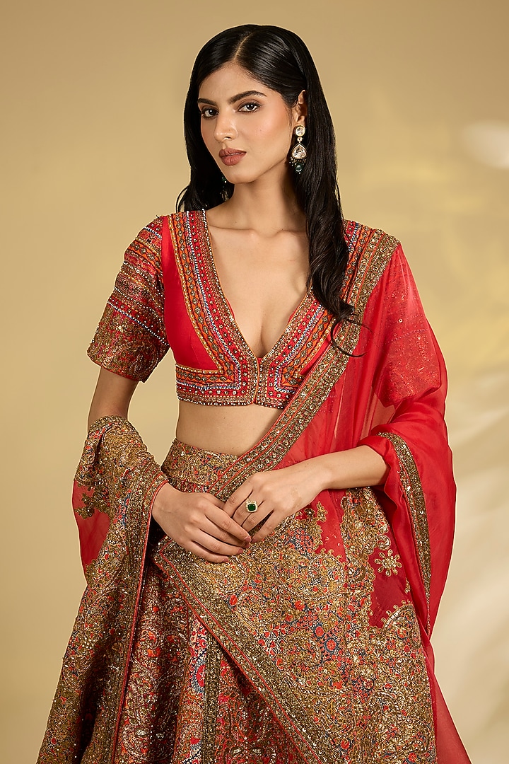 Multi-Colored Silk Hand & Machine Embroidered Bridal Lehenga Set by Debyani at Pernia's Pop Up Shop