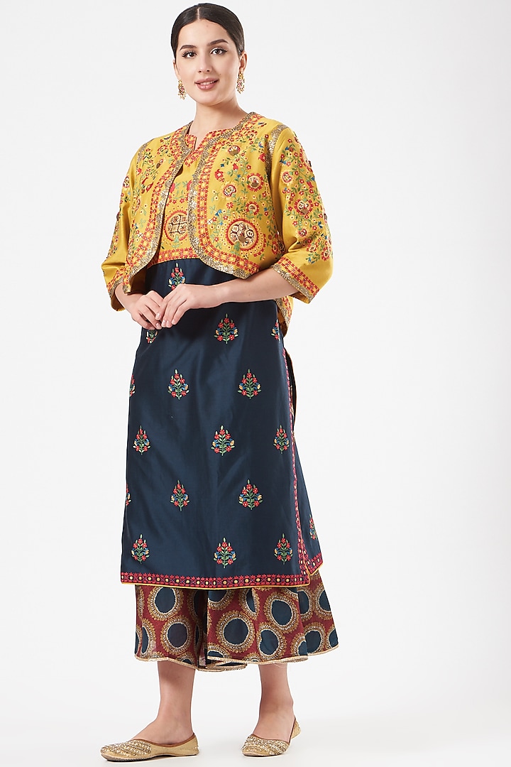 Blue Chanderi Kurta Set With Jacket by Debyani at Pernia's Pop Up Shop