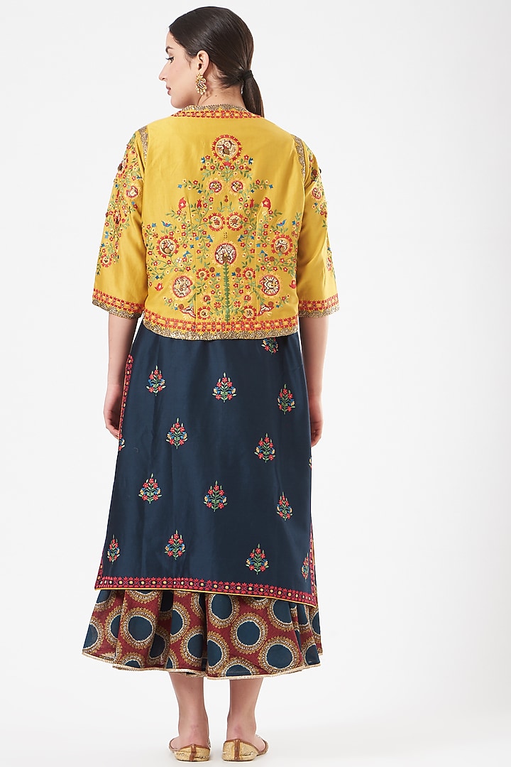 Blue Chanderi Kurta Set With Jacket by Debyani at Pernia's Pop Up Shop