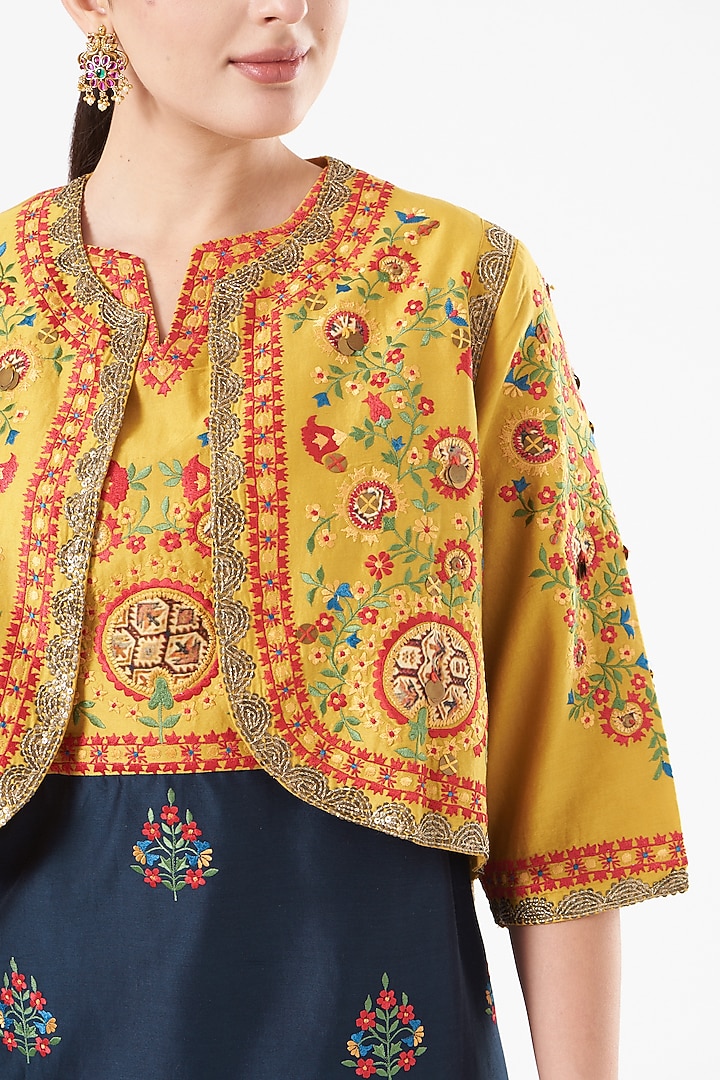 Blue Chanderi Kurta Set With Jacket by Debyani at Pernia's Pop Up Shop