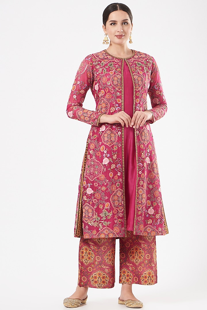 Magenta Chanderi Jacket Set by Debyani at Pernia's Pop Up Shop