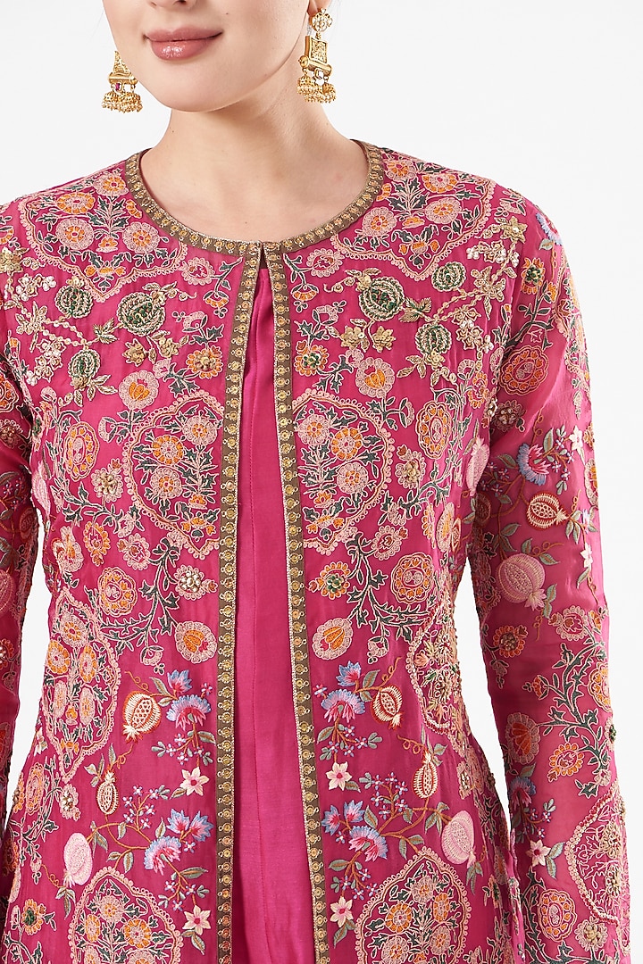 Magenta Chanderi Jacket Set by Debyani at Pernia's Pop Up Shop