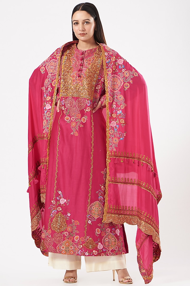 Magenta Habutai Silk Kurta Set by Debyani at Pernia's Pop Up Shop