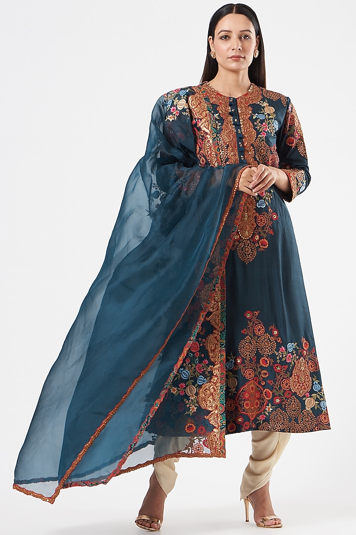 Blue Silk A-line Kurta Set by Debyani at Pernia's Pop Up Shop