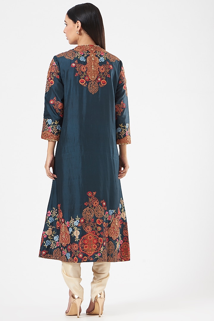 Blue Silk A-line Kurta Set by Debyani at Pernia's Pop Up Shop