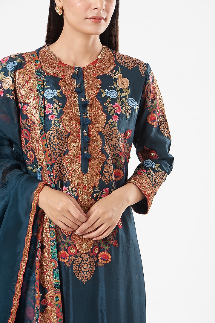 Blue Silk A-line Kurta Set by Debyani at Pernia's Pop Up Shop