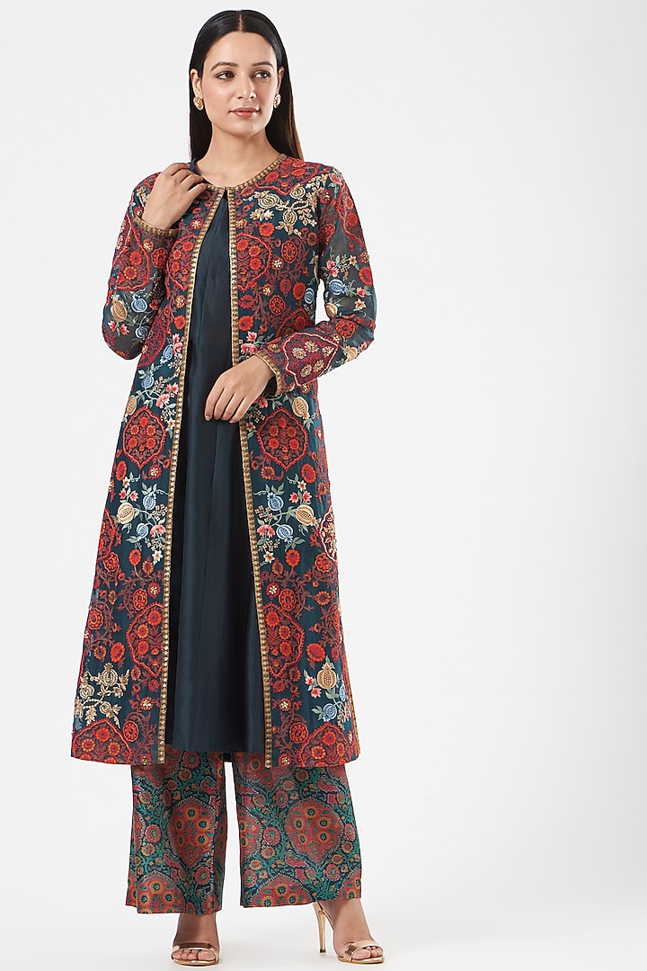 Blue Chanderi Jacket Set by Debyani at Pernia's Pop Up Shop
