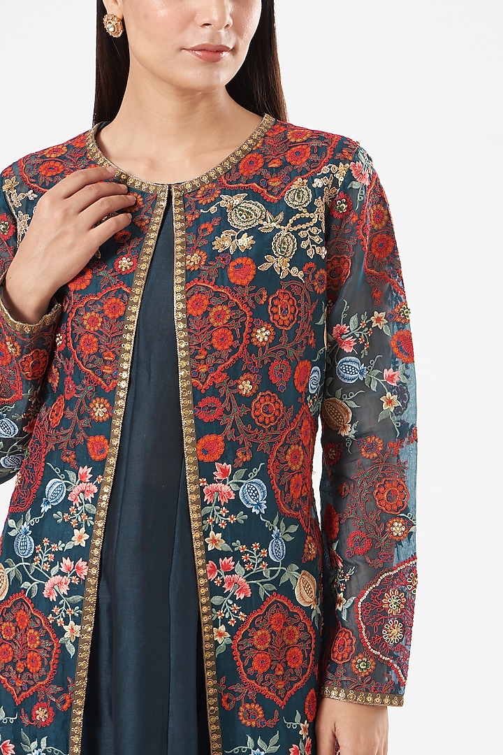 Blue Chanderi Jacket Set by Debyani at Pernia's Pop Up Shop