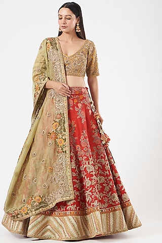Red Raw Silk Lehenga Set by Debyani