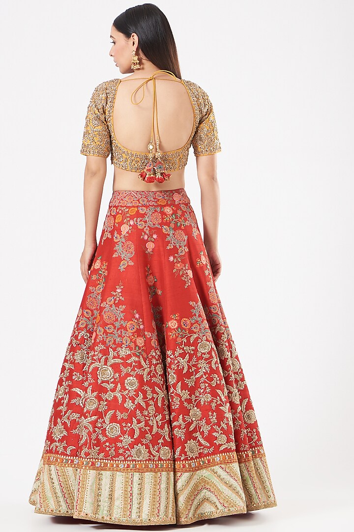 Red Raw Silk Bridal Lehenga Set by Debyani at Pernia's Pop Up Shop