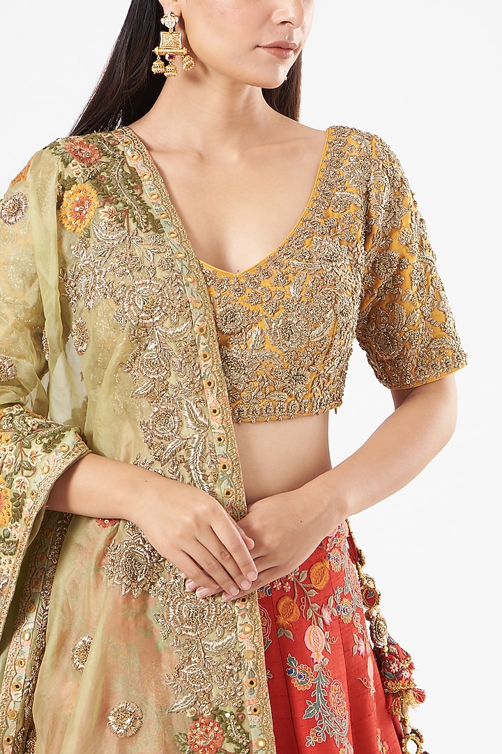 Red Raw Silk Bridal Lehenga Set by Debyani at Pernia's Pop Up Shop