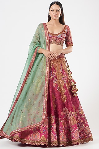 Magenta Organza Lehenga Set by Debyani