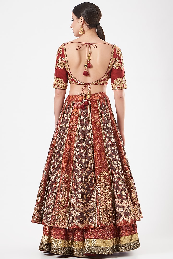 Maroon Silk Printed Bridal Lehenga Set by Debyani at Pernia's Pop Up Shop