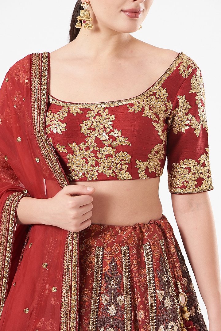 Maroon Silk Printed Bridal Lehenga Set by Debyani at Pernia's Pop Up Shop
